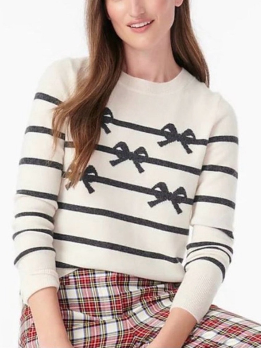 J.Crew 100% Cashmere Crewneck Sweater Bow Stripes Ivory Blue Knit Pullover XS